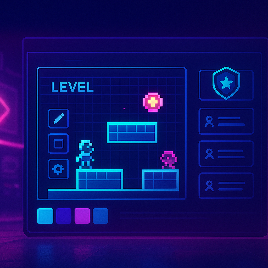 Hero montage showing arcade action, level editor, and leaderboard HUD