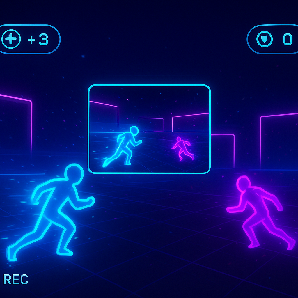 Gameplay snapshot with neon arena and HUD badges
